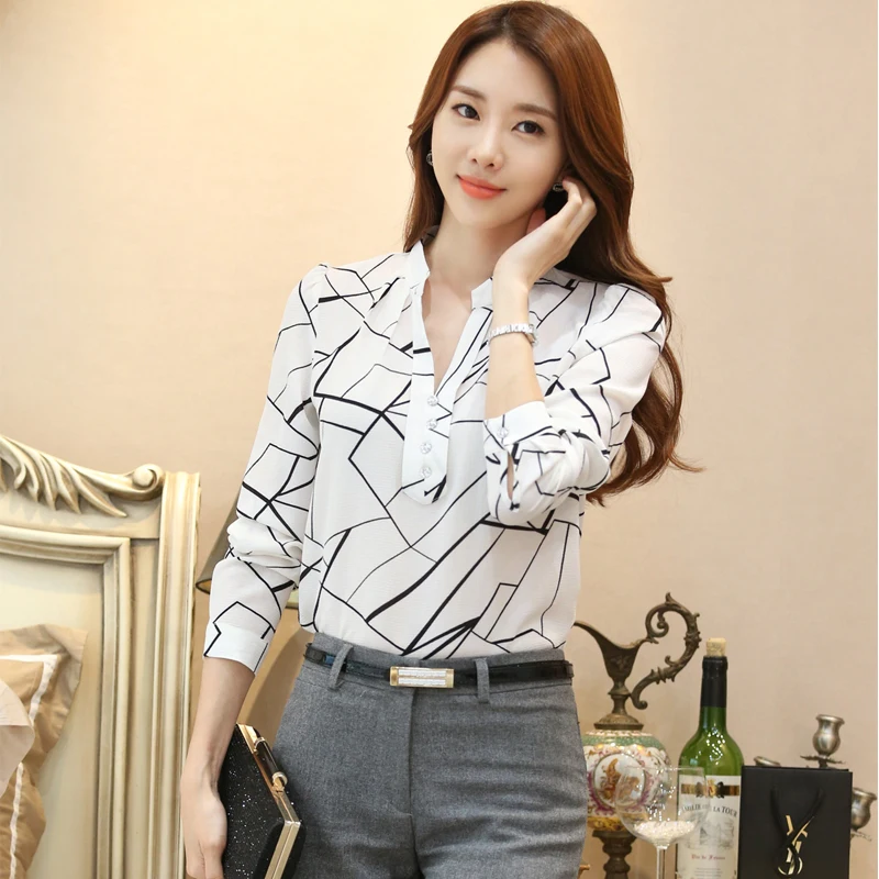 Femmes longue Sve v-ne coupe ajustée irt printemps 2024 Faion coréen Sle Bla blanc rayures en mousseline de soie Blouse trajet Sle