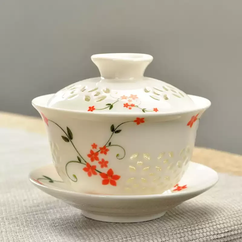 Handpainted Chinese Porcelain Tureen Cup Bowl Set with Lid Ceramic Gaiwan Hollow-Out Design Covered Bowls Cup Saucer New