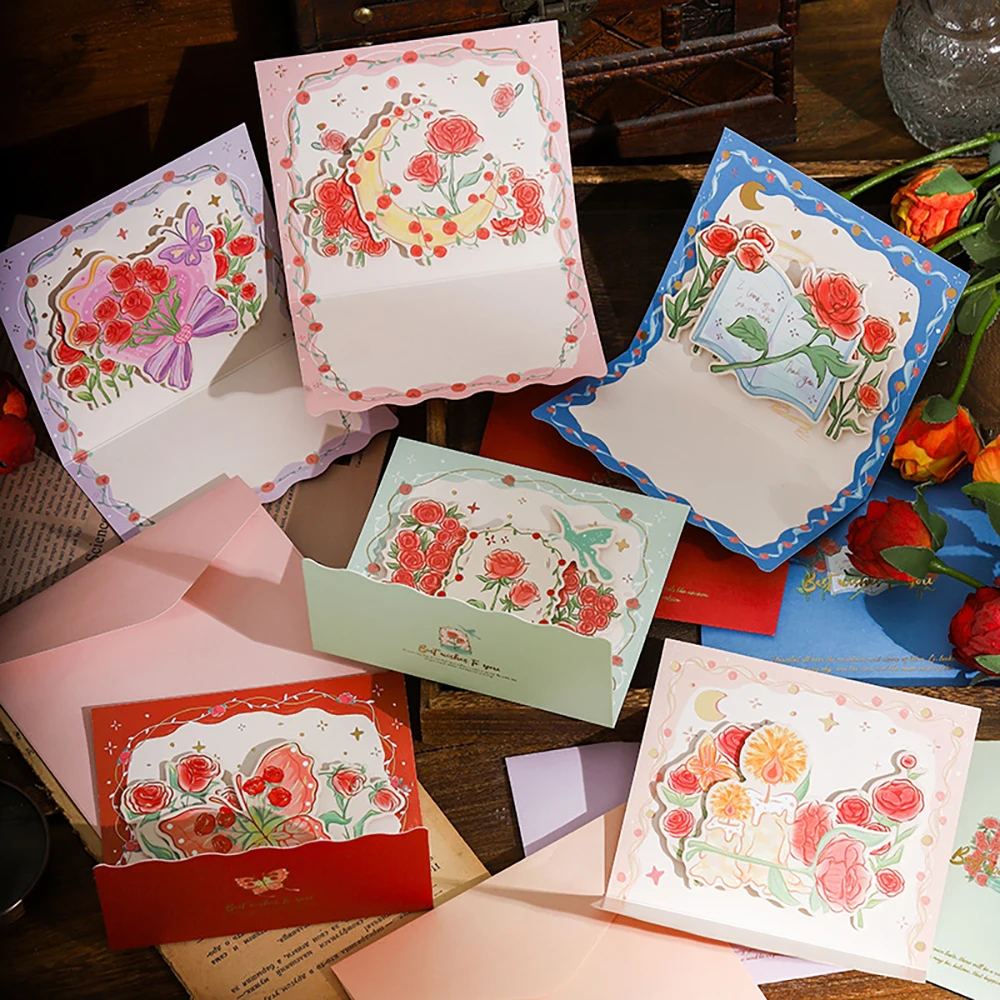 

Набор объемных открыток с розами и девочкой, выполненных методом горячего тиснения, в индивидуальной упаковке с конвертом.