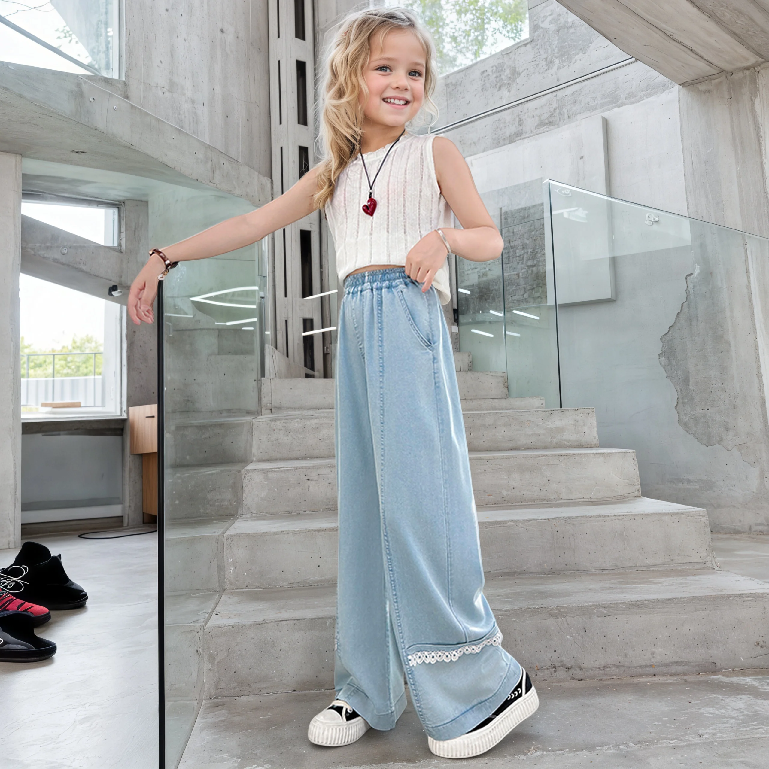 

Girls lace spliced ​​Tennis pants 2025 summer thin straight pants suitable for outdoor wear pants for 5-15 years old