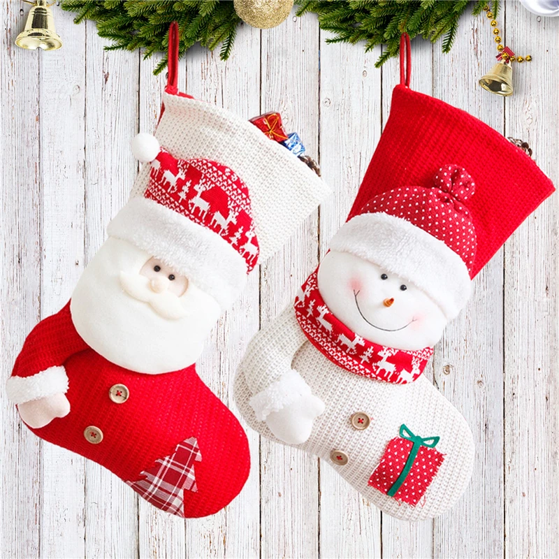 1 buah stoking Natal rajutan merah putih kaus kaki dekorasi perapian manusia salju Santa Claus tas hadiah Natal dekorasi pesta rumah permen