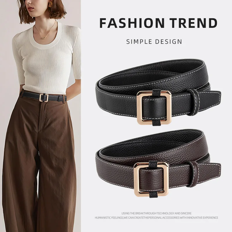 Women Soft Cowhide Leather Belt Comfortable Alloy Square Buckle Waistband for Jeans Pants Daily Office Simple Design