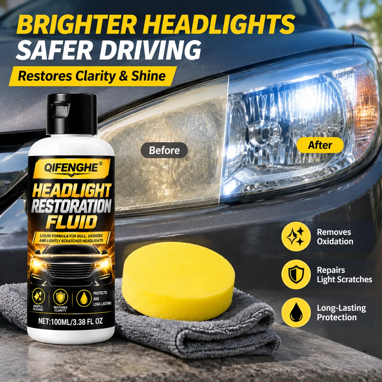 Headlight renewal and restoration,for car lamp housing,sanding-free,scratches repair compound,aging,oxidation and yellowing,clea