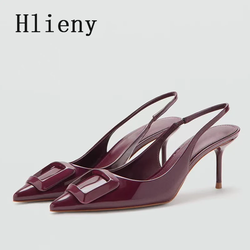 

Hlieny Wine Red Buckle Stilettos For Woman Patent Leather Bow Pointed Toe Slingbacks High Heels Mules Sandals Women Pumps Shoes