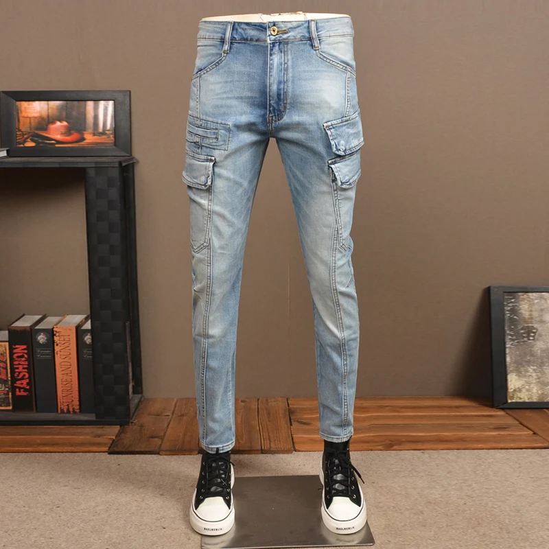 Jeans jeans stretch azul retrô masculino, slim fit, calça de motoqueiro estilista emendada, bolso grande, hip-hop, moda de rua