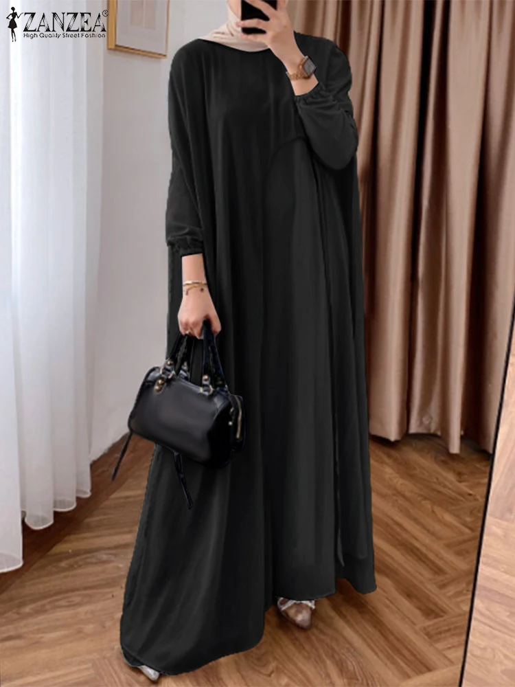 

ZANZEA Casual Woman Maxi Dresses Muslim Hijab O-Neck Long Sleeve Chiffon Overlay Long Vestidos Loose Modest Fashion Abaya Robes