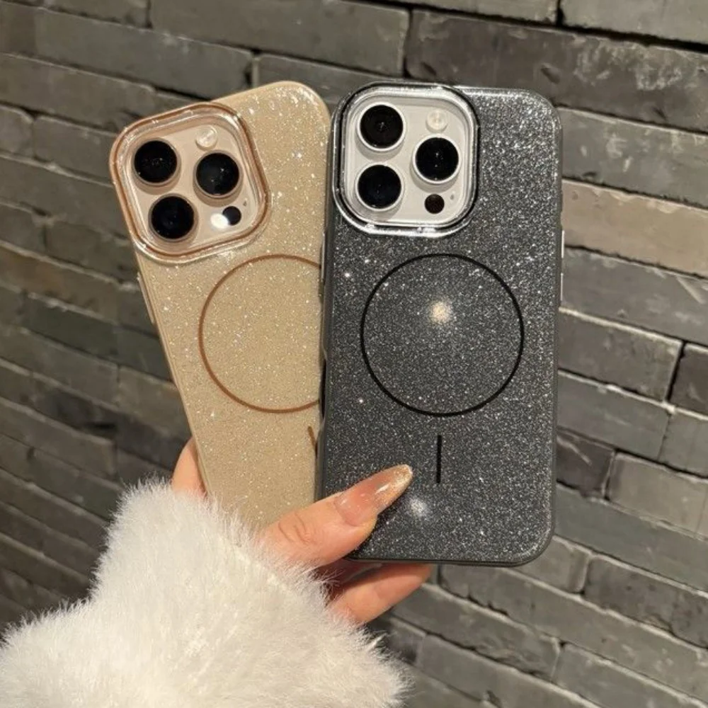 حافظة هاتف مغناطيسية لامعة لامعة لهاتف آيفون 16 15 14 13 12 11 Pro Max لغطاء شحن لاسلكي مغناطيسي Magsafe