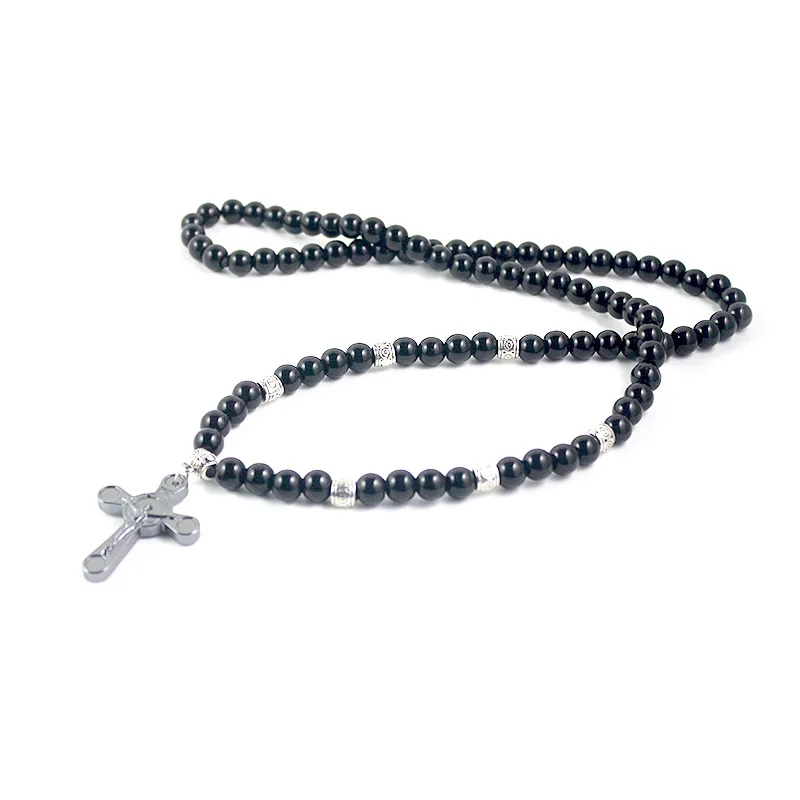 8mm Vintage Herren Schwarz Gallenstein Runde Perle Kreuz Anhänger Halskette Religiöse Lange Pullover Kette Kleidung Zubehör – Detail 5