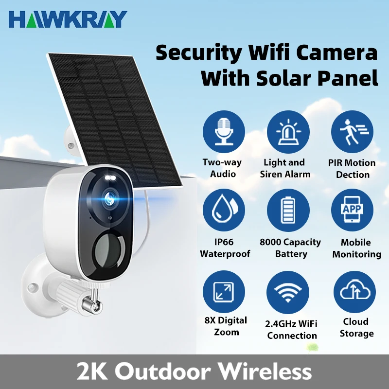 Solar outdoor wireless security camera, 2K 4MP,  CCTV camera, 2.4G wifi, two-way voice call, AI motion detection, IP66