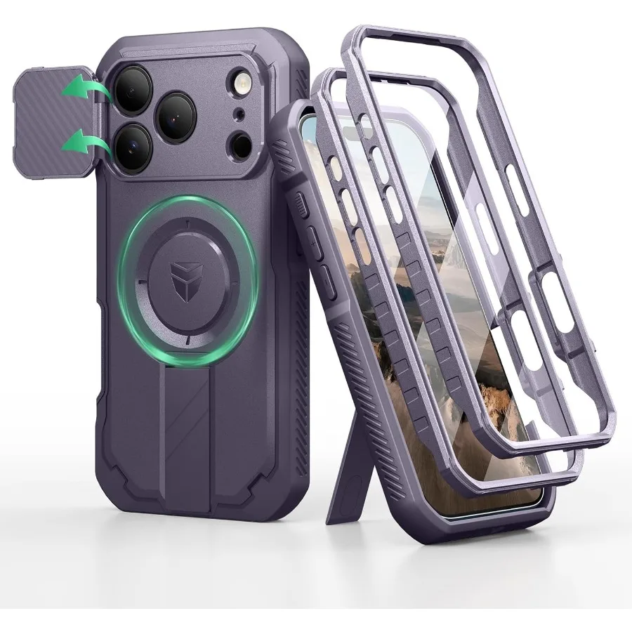 

For iPhone 17 Pro Case with Dual Front Frame and Integrated Flip Camera Cover Built-in Kickstand for Enhanced Stability
