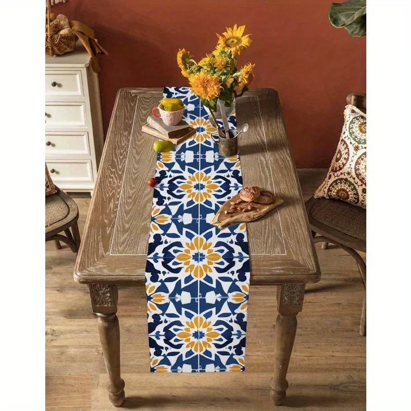 Moroccan Tile Floral Table Runner, Wear-Resistant & Stain-Resistant, Holiday Party Table Atmosphere Decor