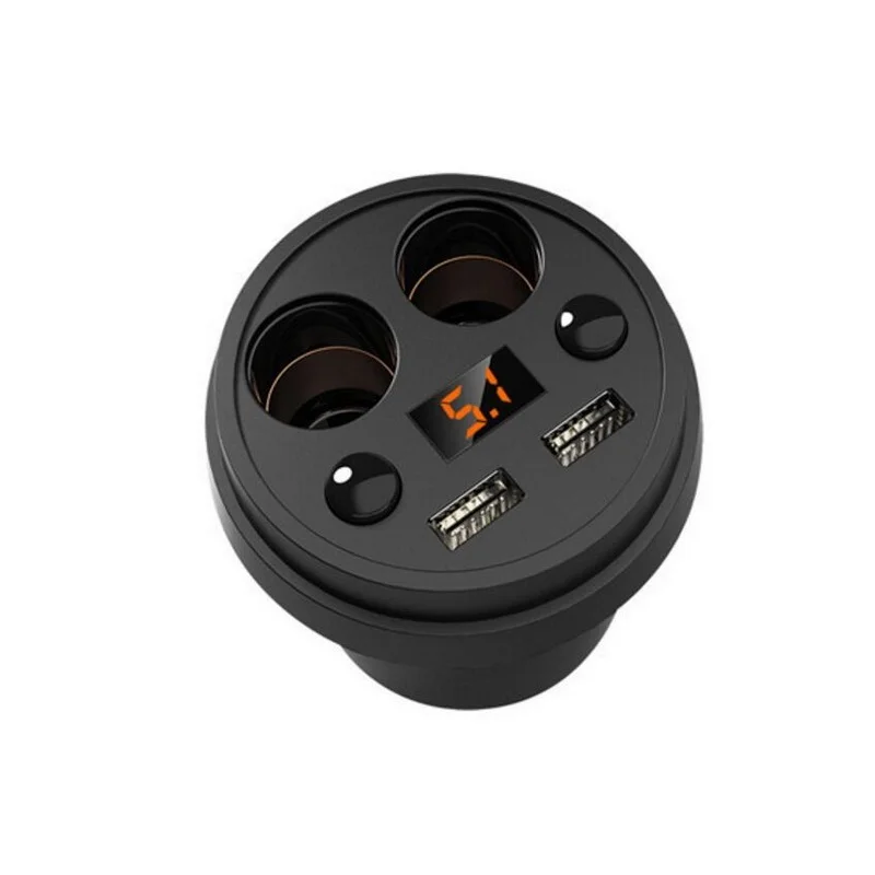 Cup Style Car Charger Splitter - 12-24V 2 USB 2.4A Dual Cigarette Lighter LED Display Anti-Slip ABS
