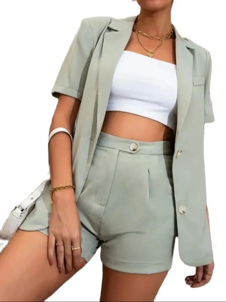 

Traf Summer New Fashion Shorts Suit Solid Color Short Sleeve Coat + High Waisted Shorts Two Piece Sets Women