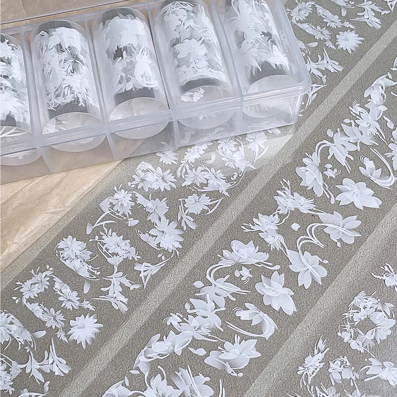 6rolls/box White Flowers Nail Art Transfer Foil Decal Flower Plum Stickers Slider Gel Polish Nail Wedding Bride Decoration