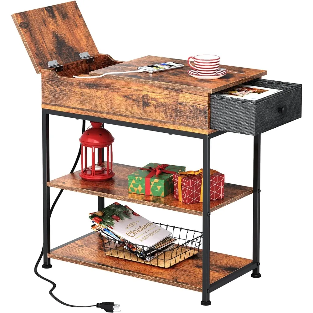 

Narrow Side Table with 2 USB Ports and 2 Outlets, Flip Top End Table with Drawer and Storage Shelves, End Stand