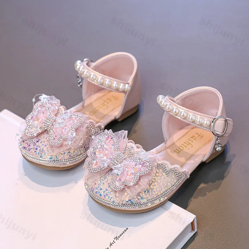 

Girls Sandals 2025 Summer Fashion Bow Sequins Beads Comfortable Everyday Children's Cute Casual Flat Walking Shoes Wedding Party