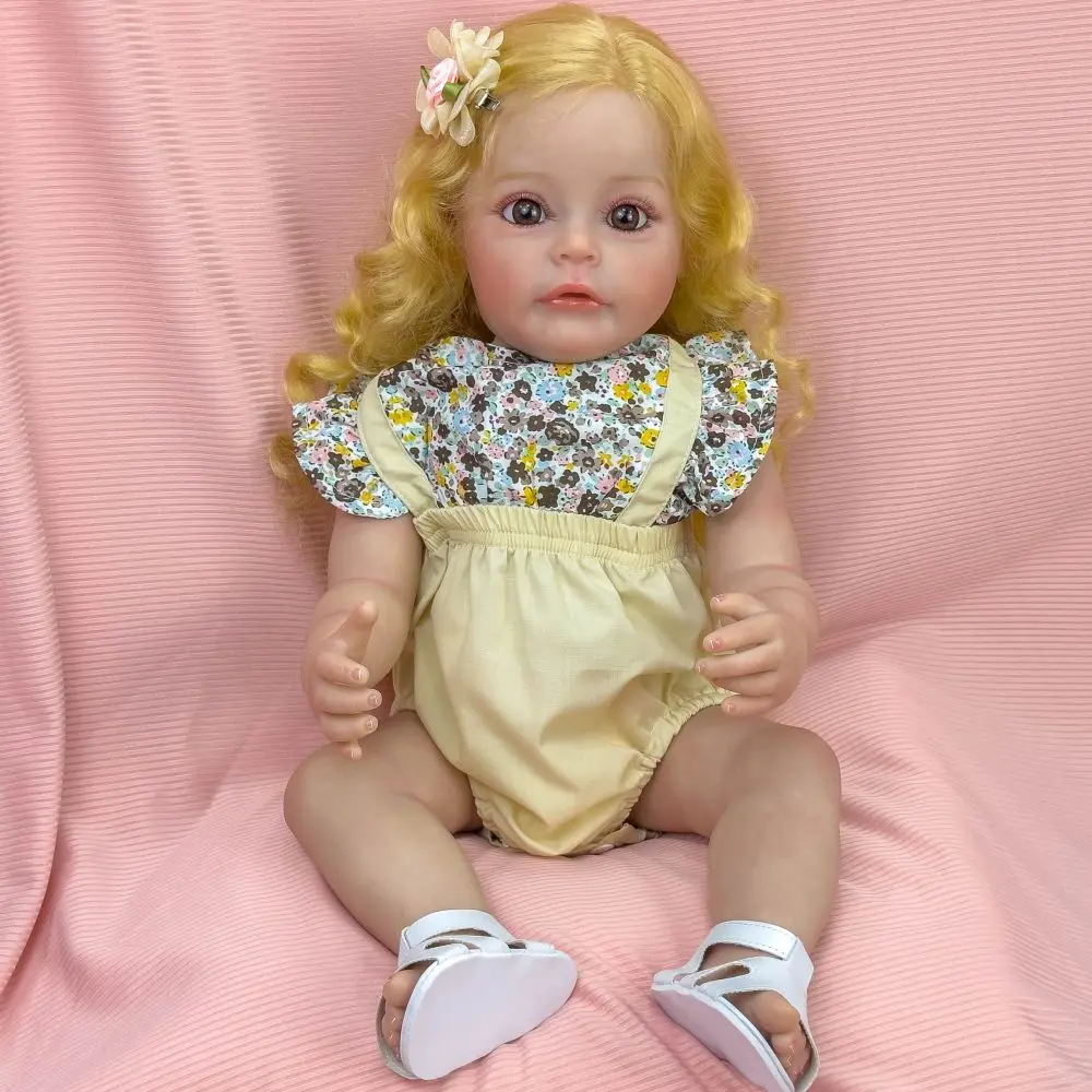 

22" Vinyl Reborn Doll - Blonde Curly Hair, brown Eyes, Floral Camisole,Gift Box for Gifting & Collection