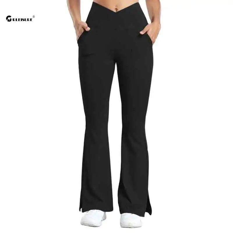 CHRLEISURE Crossover Flare Pants with Side Pockets Women Elastic Split Hem Workout Legging Butt Lift Workout Trouser Activewear