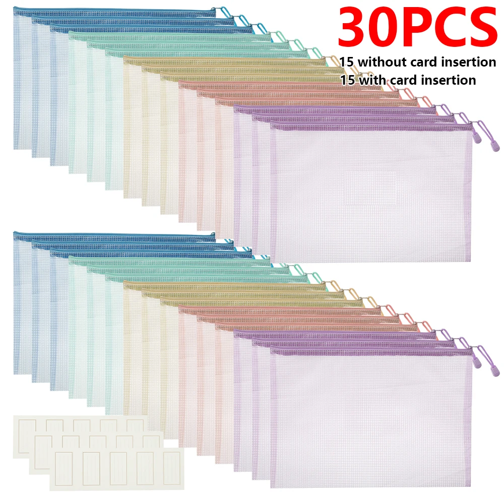 

30Pcs Mesh Zipper Pouch Bag Plastic Clear Waterproof A4 Size File Bag Office Supplies Document Bag for Travel Organize Storage