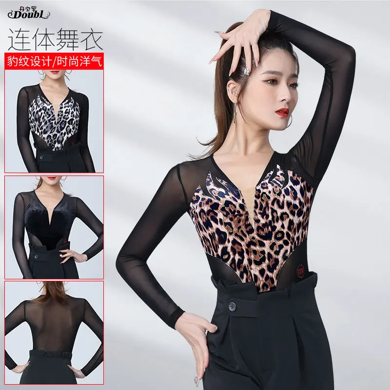 Doubl Latin Dance Advanced Training Dress Female Sense Fashion Slim-fit Backless High-end Dance Dress Leopard Print Latin Dance