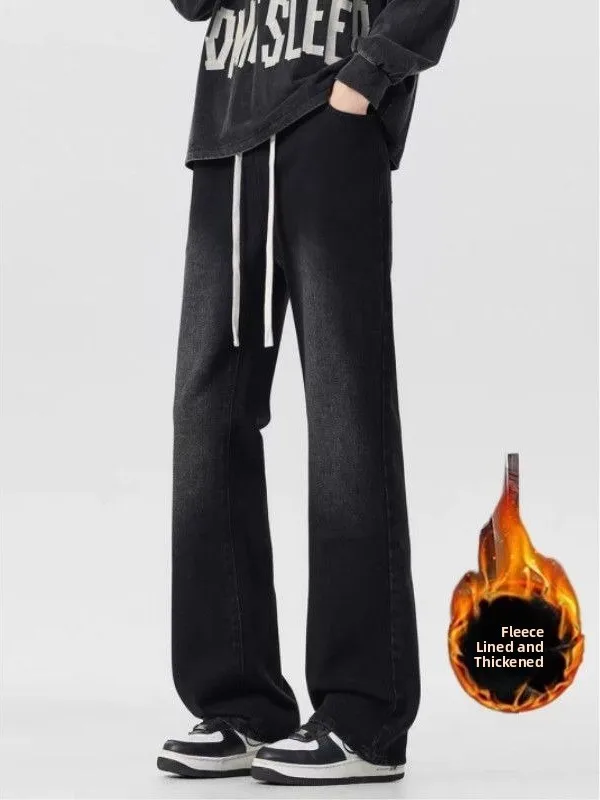 

American Sle adient Bla Dstring Flared Jeans Men's Fce Lined Slim Straight Casual Long Trousers Autumn Winter