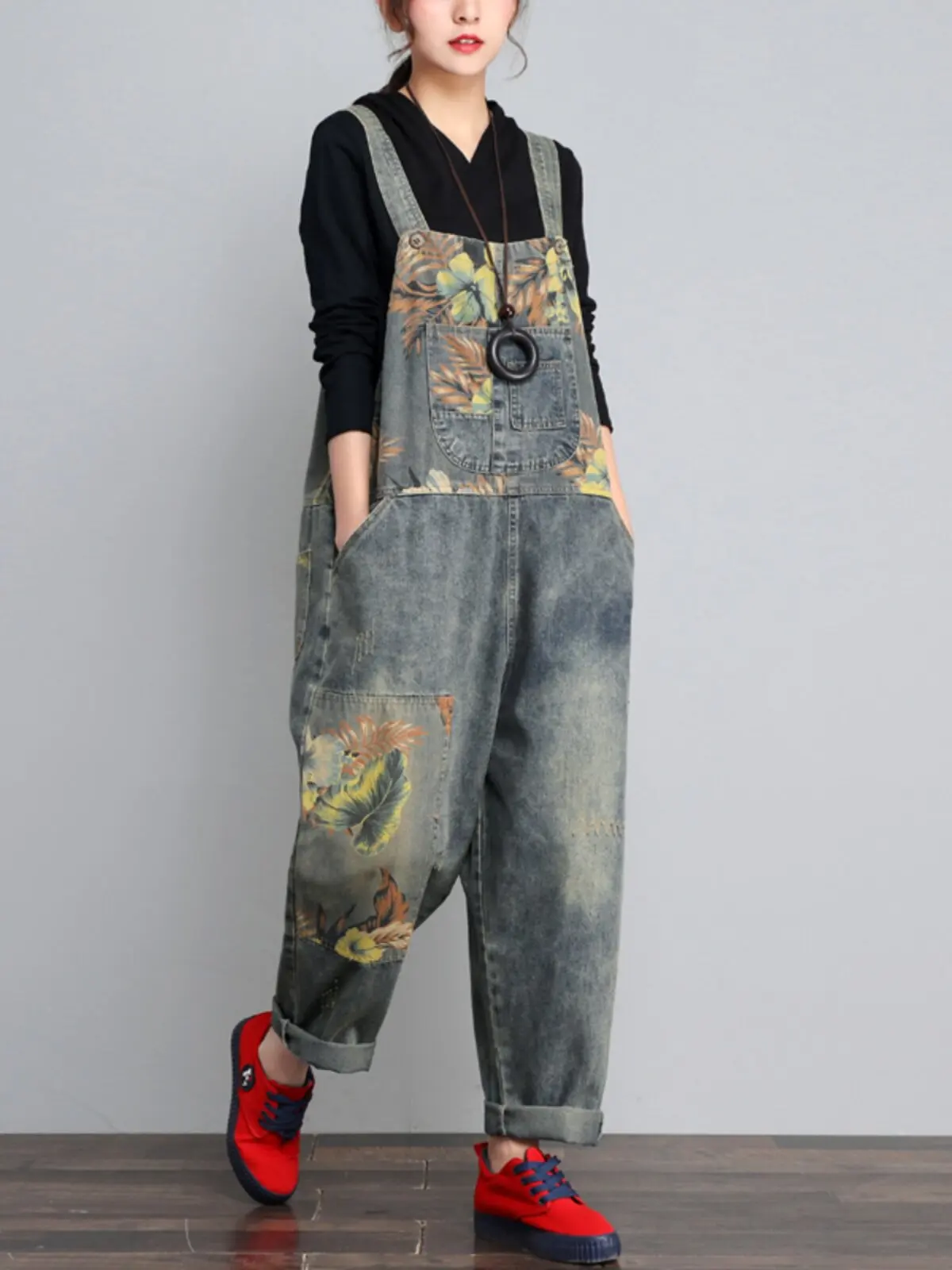 Spring and Autumn Fashion Women's Cowboy Strap Pants Loose Printed Commuter Work Clothes Jumpsuit