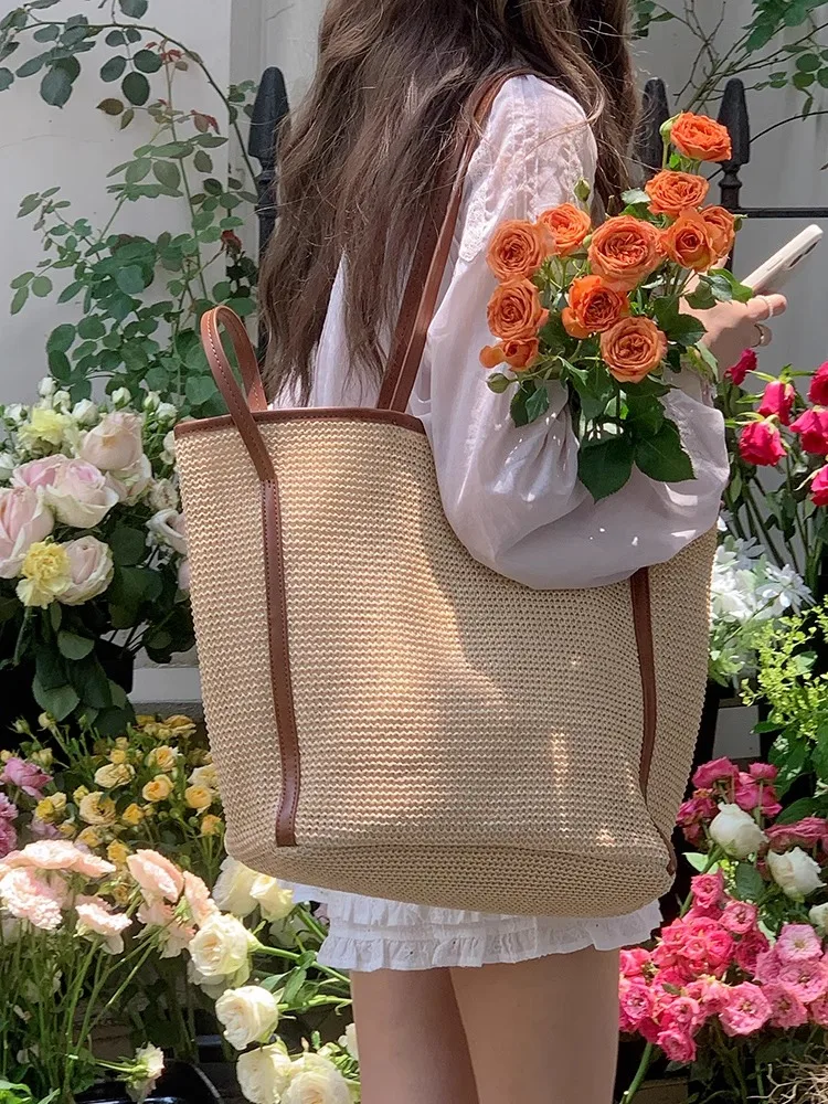 

Fashion Large Capacity Straw Knitting Tote Bag Women Handmade Ethnic Style Casual Beach Shoulder Handbag Designer Purse