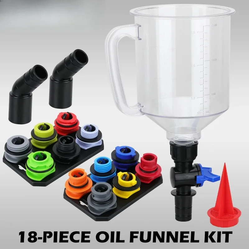 18-Piece Engine Oil Funnel Set, 1.59 qt Automotive Oil Funnel Kit with 12 Adapters, Elbow Fitting, Arrow Screen Magnetic Storage