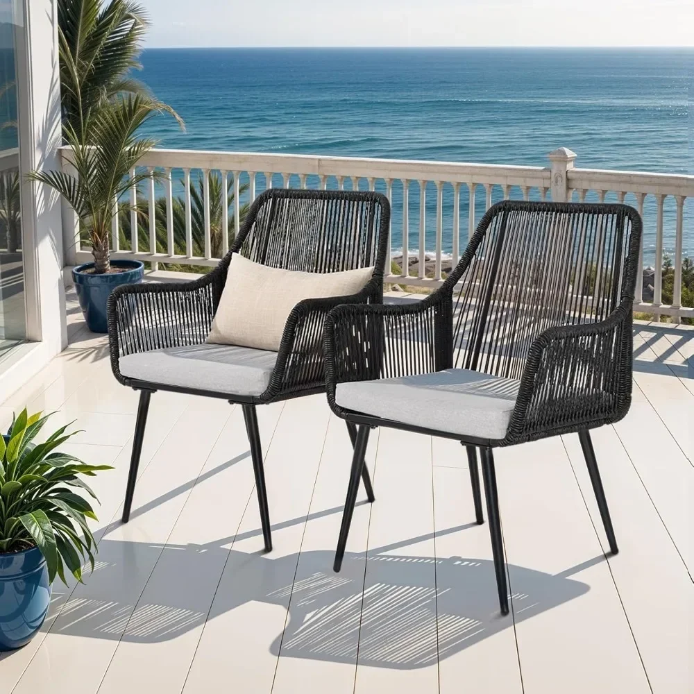 Outdoor Dining Chairs, All-Weather Woven Twisted Wicker Rattan Chair with Armrest and Cushion