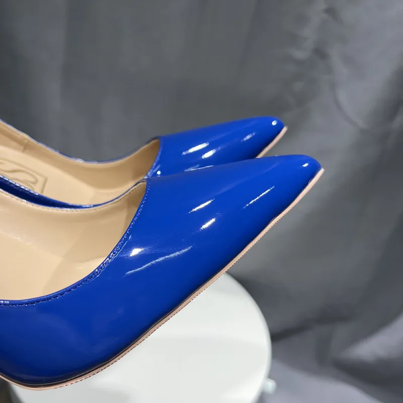 Heelgoo-Escarpins à talons hauts pointus pour femmes, chaussures provoqué à enfiler, bleu verni, sexy, designer de fête, basique