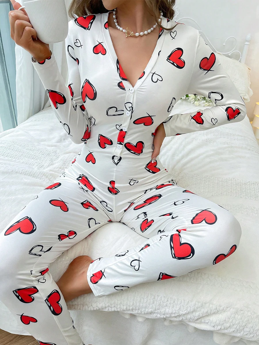 

Women s Valentine s Day Heart Print Loungewear Jumpsuit Long Sleeve V-Neck Front Button Bodycon Pajamas