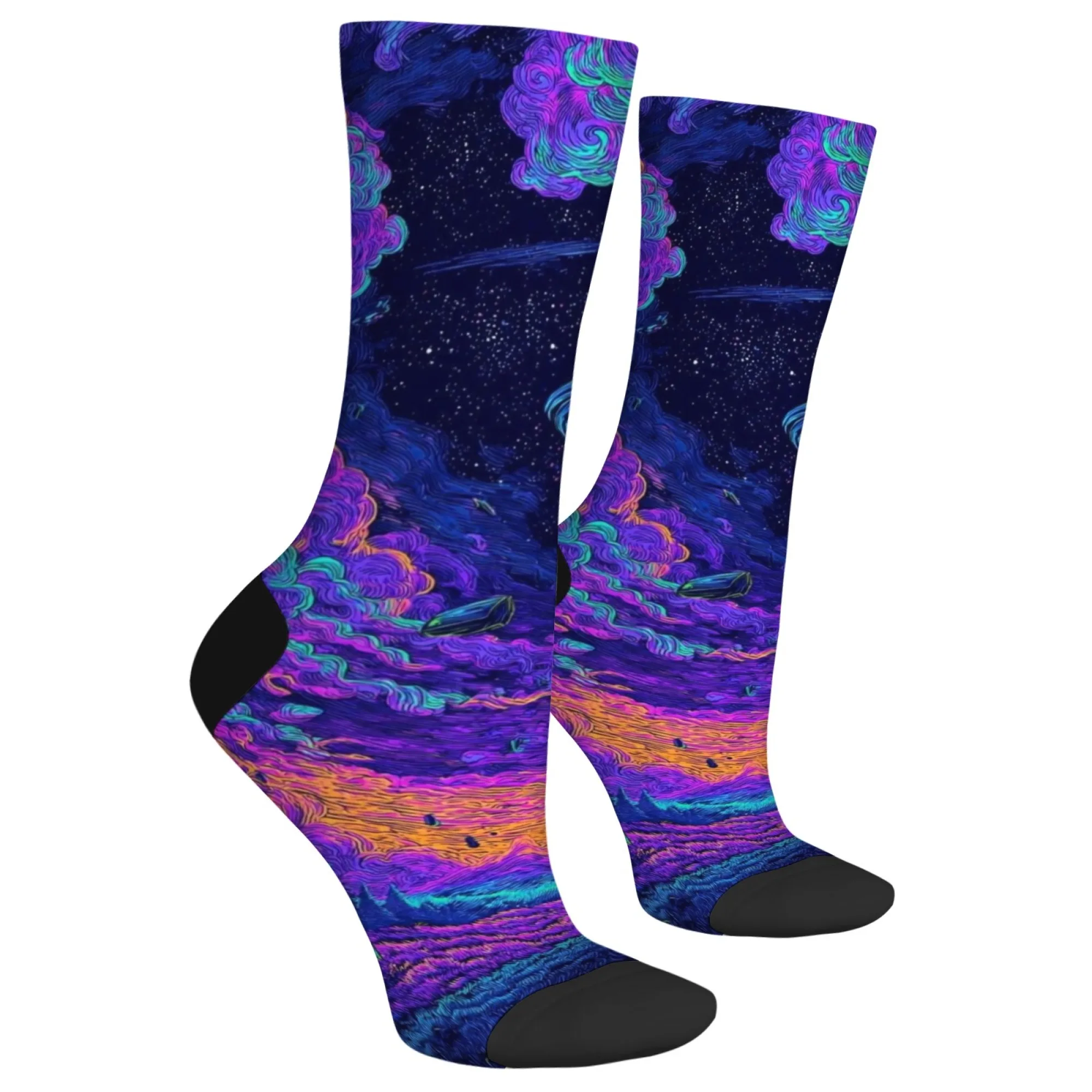 نيون Harajuku نمط الخيال العلمي UFO الرجال طاقم الجوارب مخدر قوس قزح ضوء شعاع والسماء المرصعة بالنجوم طباعة للجنسين العصرية الجوارب الموضة