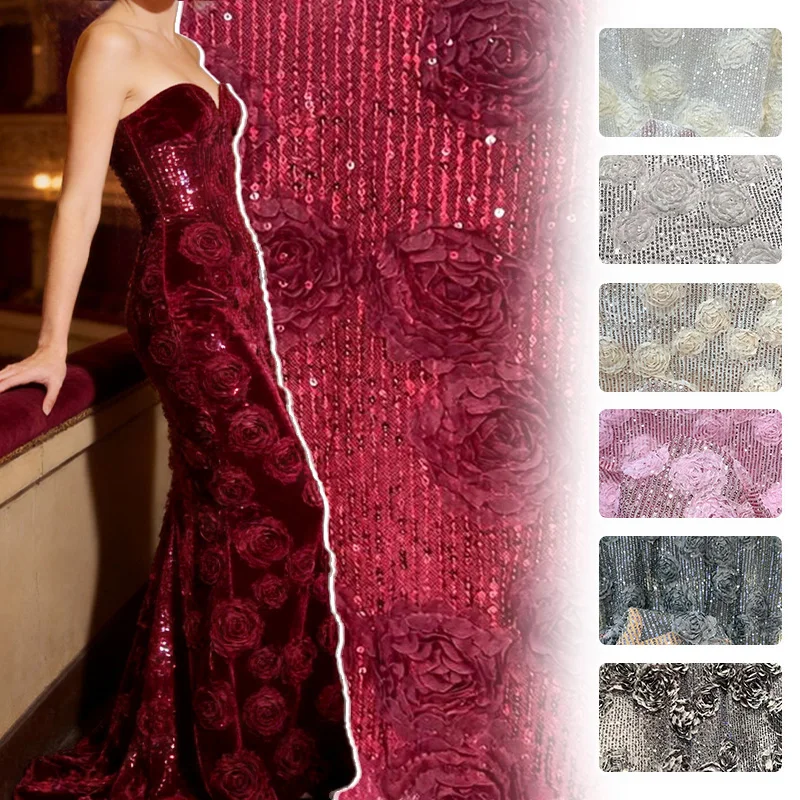 1/3 Yard 3D Rose Embroidery Fabric Floral Lace Sequin Cloth Stereo Flower for Dress Wedding Backdrop Decor DIY Sewing Material