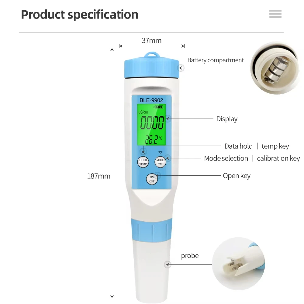 Medidor calidad del agua Bluetooth para piscinas y acuarios PH/EC - imagen 4