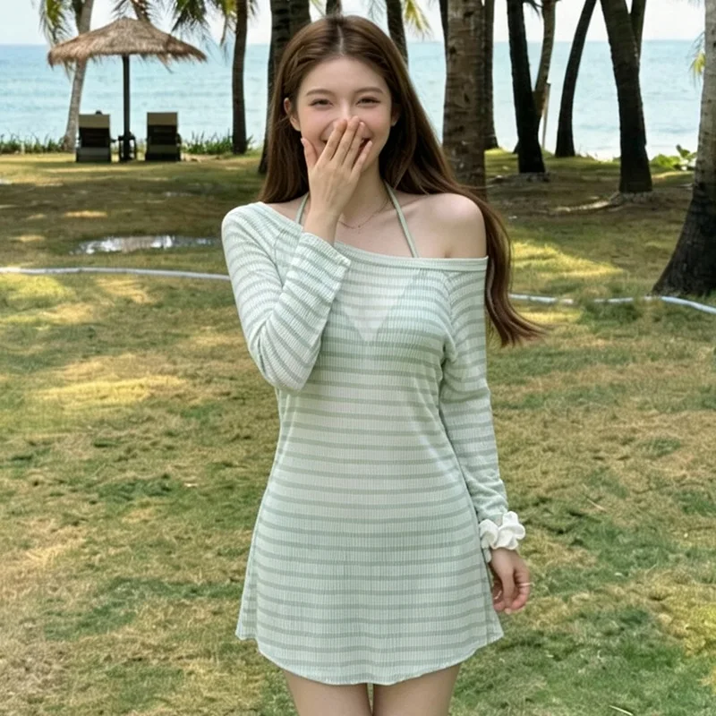 sexy Korean fashion bikinis sets three pieces with mesh long sleeve striped cover smock mini skirt swimsuit biquini tankini
