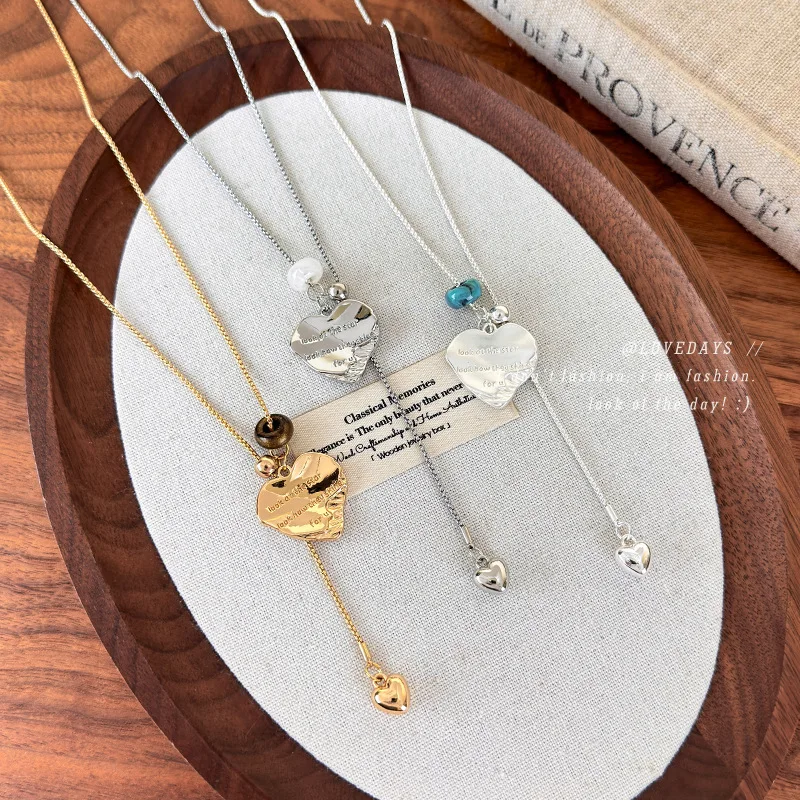 Necklace Irregular Heart Slider Long Sweater Chain Engraved Pendant Adjustable Layered Alloy Gold Tone Lightweight Women Party