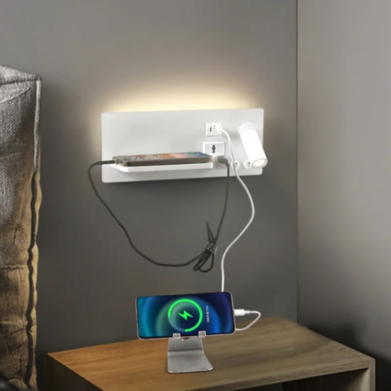 Wireless Charging Bedside Wall Lamp USB TypeC Port Rotatable LED Reading Light Switch Sconce Study Bedroom Wall Spotlight