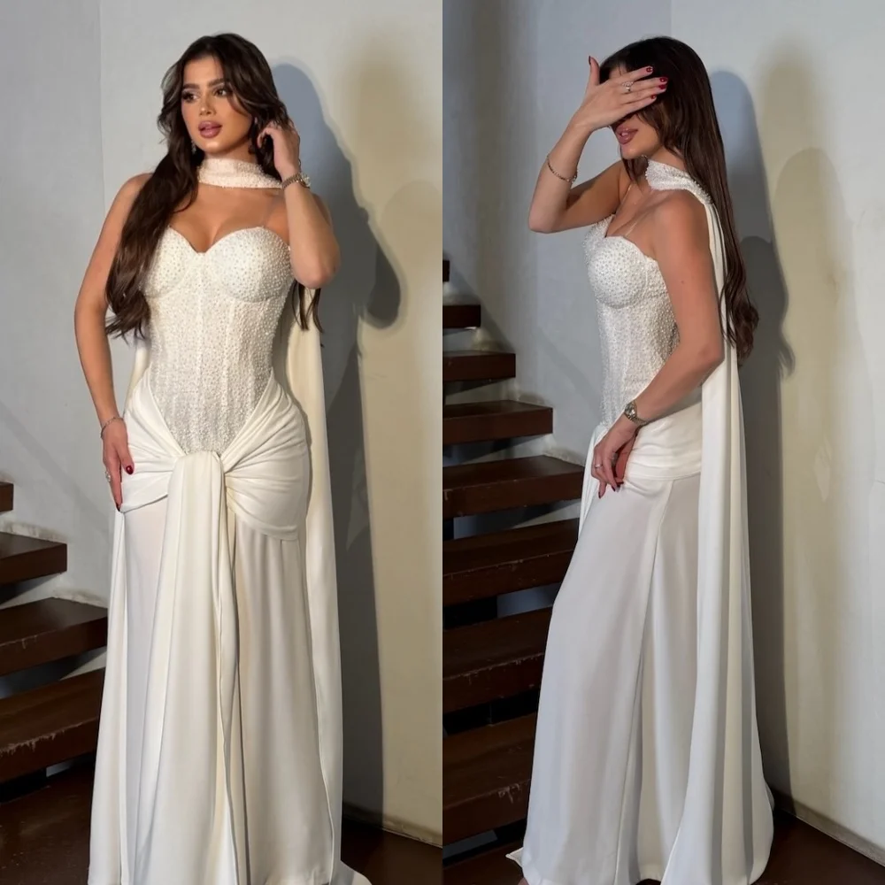 맞춤형 매칭 섹시한 저지 플리츠 주름 장식 비즈 장식 스팽글 장식 A라인 스트랩리스 롱 드레스 맞춤형 행사 드레스 정교한