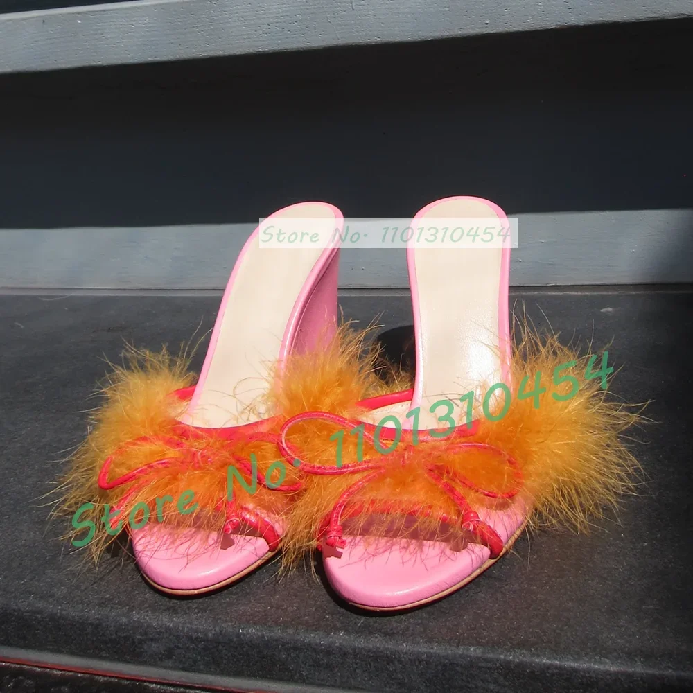 Lovely Feather Wedge Slippers With Bow Women Elegant Multicolor Summer Stylish Shoes Sweet Girl's Casual Open Toe Pink Fur Mules image 4