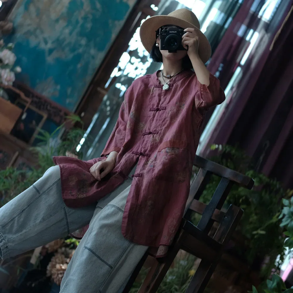 예술적 복고풍 얇은 라미 인쇄 중간 길이 셔츠 여성 중국 민족 스타일 개구리 단추 레저 태양 보호 탑 포켓