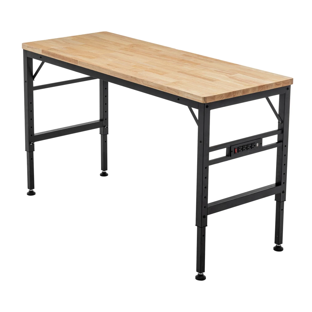

Adjustable Height Workbench Rubber Wood Top 60" Long Power Outlets 2000 Lbs Capacity for Workshop Or Garage