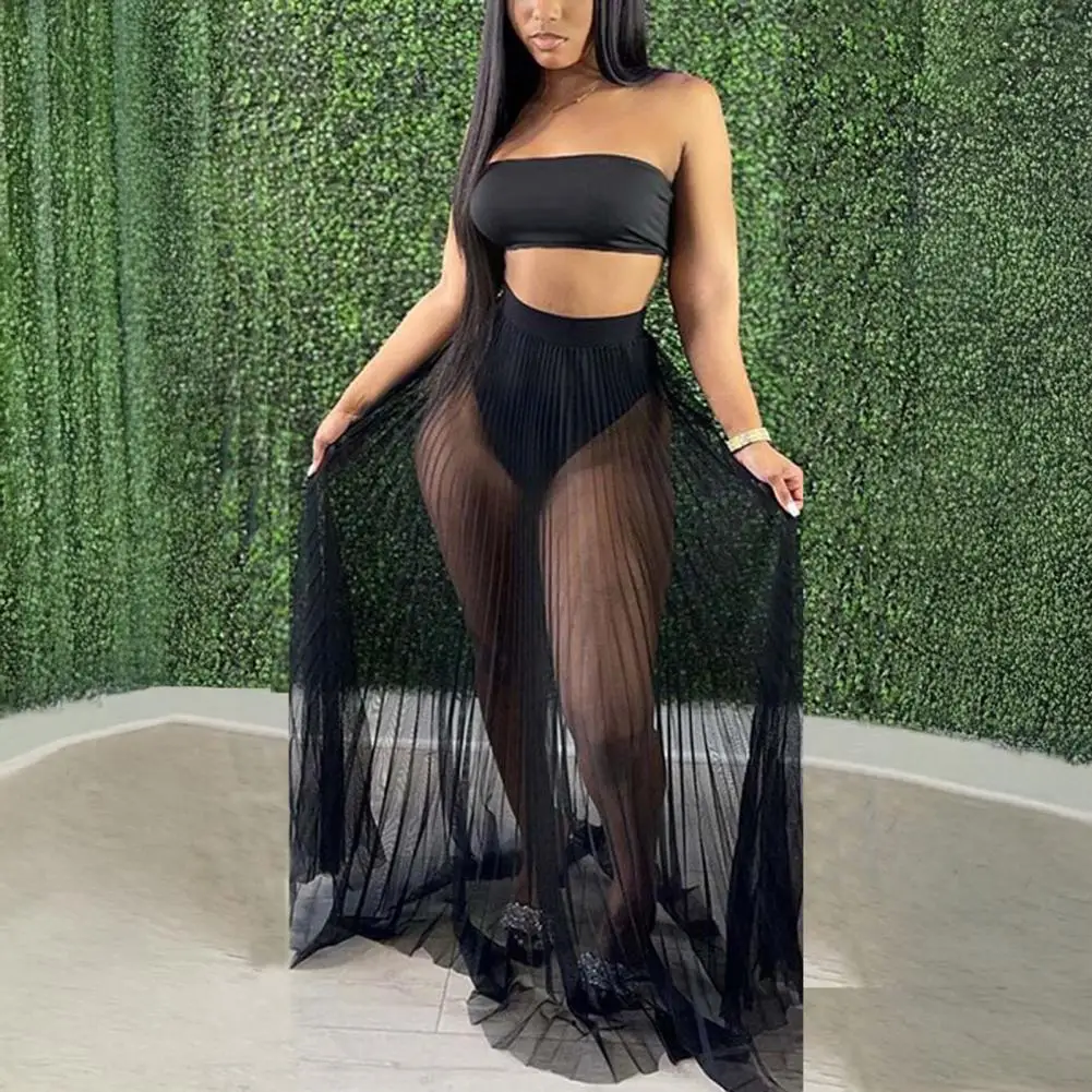 3Pcs/Set Vest Skirt Set Sexy Bandeau Tops High Waist Briefs Mesh Pleated Long Skirt Set Mesh Pleated Skirt Women Two-piece Set