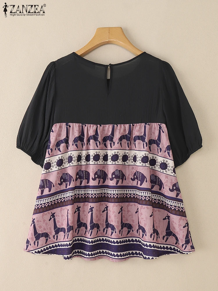 ZANZEA بلوزات مرقعة مطبوعة عتيقة للسيدات 2025 صيفي برقبة دائرية وأكمام قصيرة منتفخة Blusas Mujer ملابس خروج مكونة من قطعتين #5