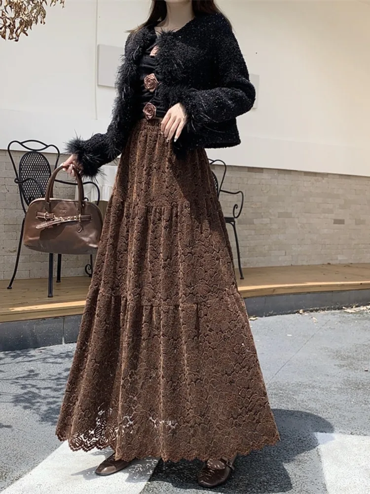 ハイウエスト A ライン スカート レディース レース ベルベット f-length ケーキ スカート エレ スリミング 秋冬 ファイオン