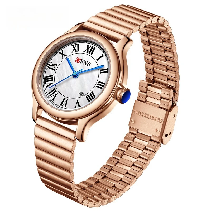 

Женские часы бренда Ofns с календарем, римской шкалой, легкие, роскошные, универсальные, кварцевые, для повседневного использования.
