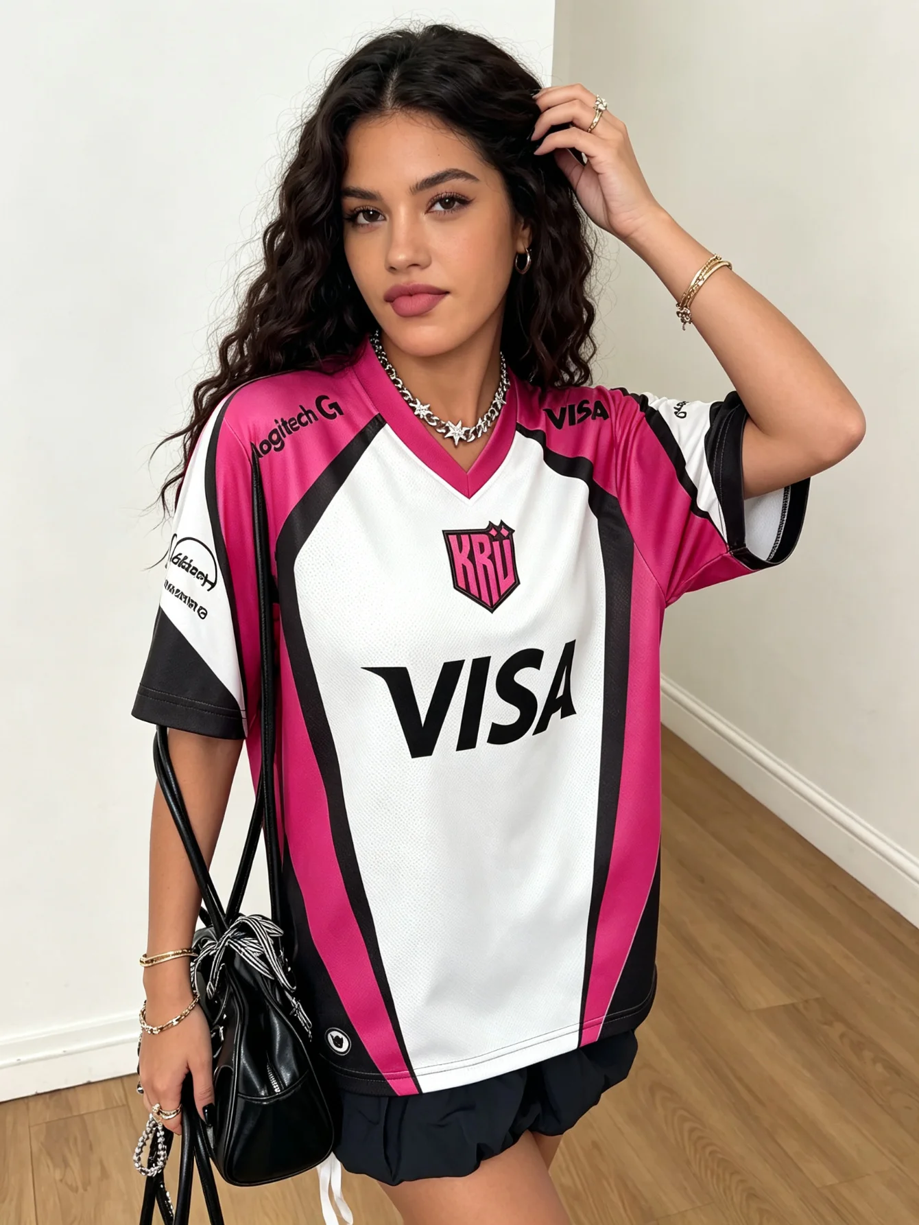 Unisex Men Women Latin America Style Y2K E-Sports Jersey, Oversized & Regular Size Streetwear V-Neck Short Sleeve Top