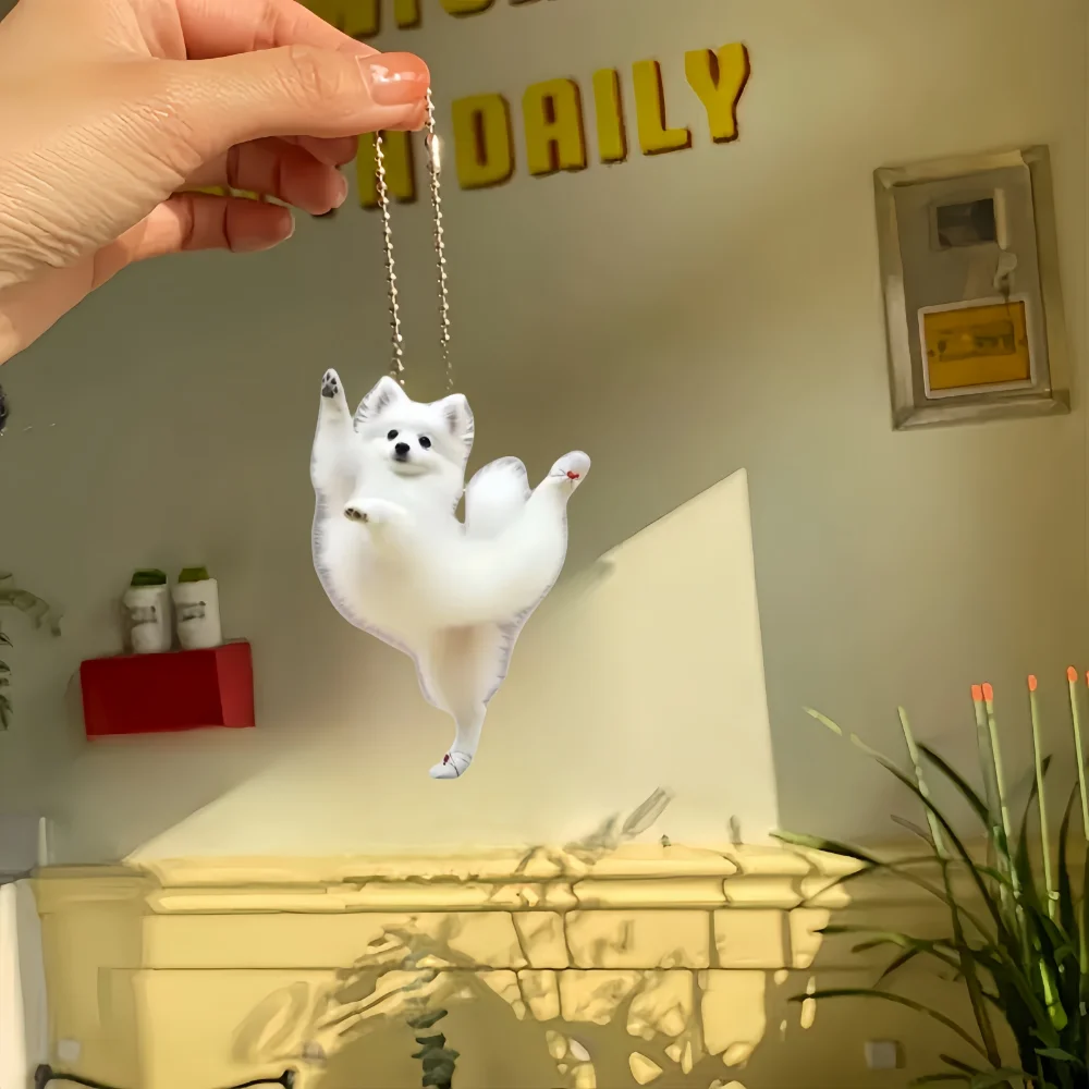 Dancing Pomeranian Acr Pendant Versatile Charm Joyful White Puppy Keychain For Car Mirror,Backpack,Home,Festive Party,Gift&Decor