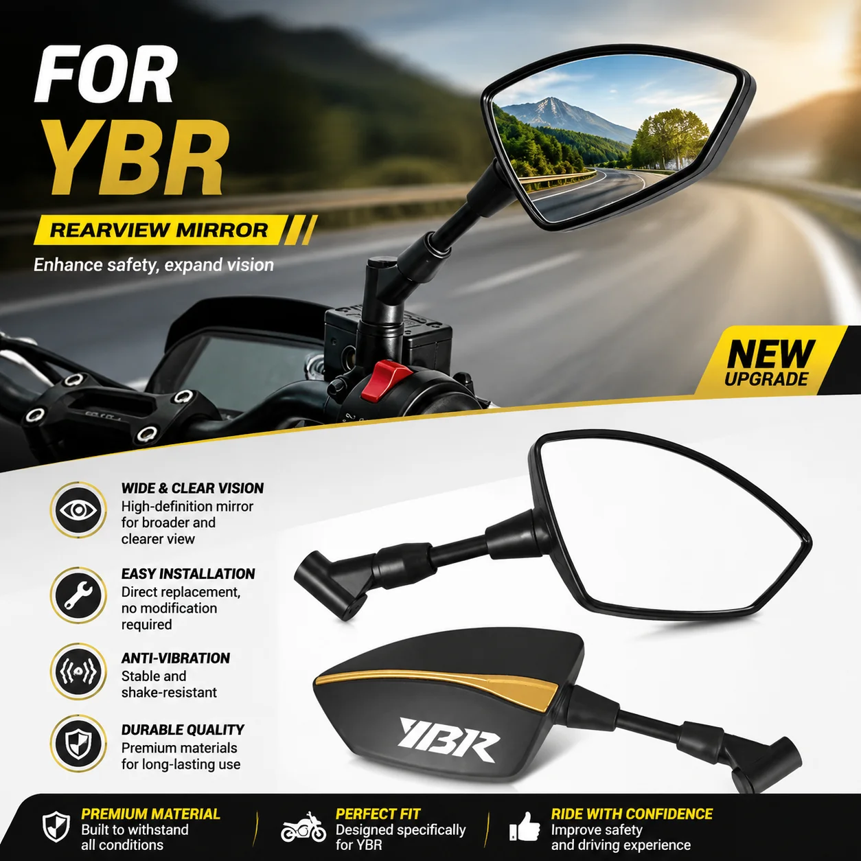 Universal Motorcycle Modified CNC Aluminum View Side Rearview Mirror For YBR125 YBR 125 2010-2015 2016 2017 2018 2019