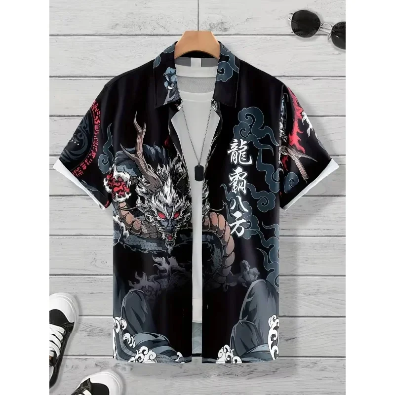 Retro Chinese Loong Pattern Hawaiian Shirt For Men Colorful 3D Printed Short Sleeves Summer Loose Aloha Shirts Lapel Blouse Tops