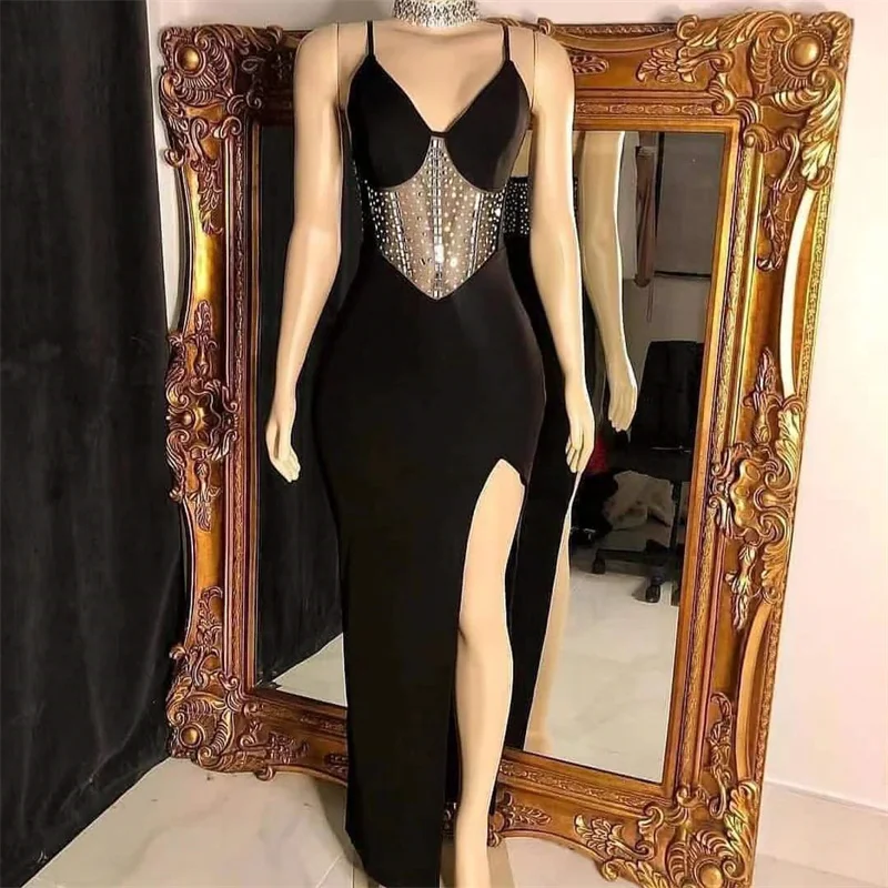 Customized New Sexy Prom Dress Satin Beading High Split Lace Tight A-Line Suspender Evening Party Dresses Robe De Soirée Femme